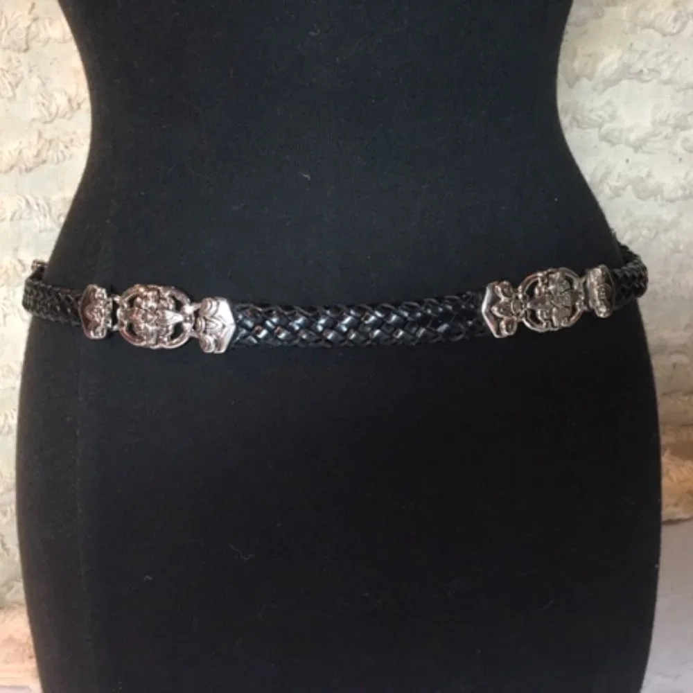 Braided Leather Navy w/ Floral Silver Toned Ornaments Belt Small